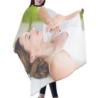 Personality  Calm Woman Receiving Reiki Treatment Hair Cutting Cape