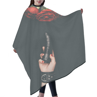 Personality  Black Dildo In Female Hand By Red Roses Isolated On Black Hair Cutting Cape