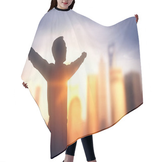 Personality  Businessman Silhouette On Blurry City Background With Sunlight. Success Concept Hair Cutting Cape