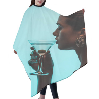Personality  Side View Of Woman Holding Glass And Drinking Martini Isolated On Blue Hair Cutting Cape