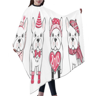 Personality  Merry Christmas Set With Funny Dog. Hand Drawn Vector French Bul Hair Cutting Cape