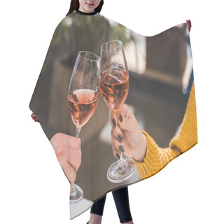 Personality  Close-up Partial View Of Couple Clinking Wine Glasses At Home Hair Cutting Cape
