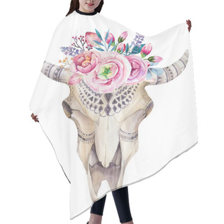 Personality  Watercolor Cow Skull With Flowers And Feathers Decoration. Boho Hair Cutting Cape