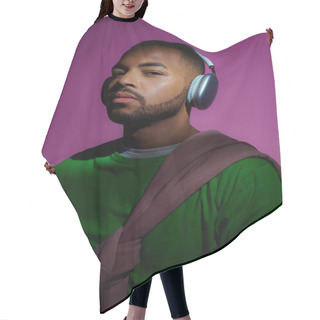 Personality  Good Looking African American Male Model In Green Sweatshirt With Headphones, Fashion Concept Hair Cutting Cape