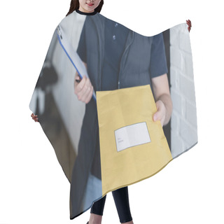Personality  Cropped View Of Blurred Courier Holding Clipboard And Parcel In Office  Hair Cutting Cape