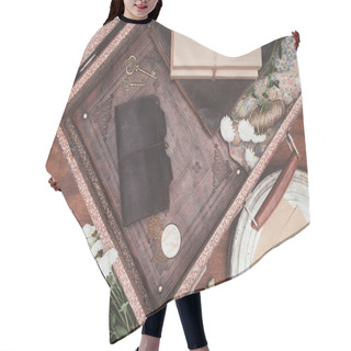 Personality  Top View Of Opened Vintage Suitcase With Objects Over Wooden Background Hair Cutting Cape