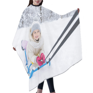 Personality  Cute Little Child Lying On Sled And Smiling At Camera In Winter Park Hair Cutting Cape