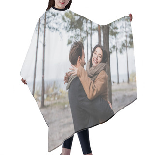 Personality  Excited Woman In Autumn Coat Hugging Man While Walking In Autumn Forest Near River Hair Cutting Cape