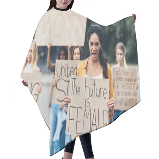 Personality  Front View Of Screaming African American Feminist Holding Placard With Inscription The Future Is Female On Street Hair Cutting Cape
