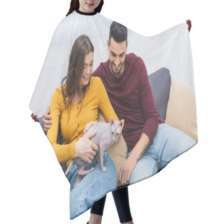 Personality  Arabian Man Hugging Smiling Girlfriend With Sphynx Cat At Home  Hair Cutting Cape