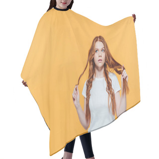 Personality  Beautiful Redhead Girl Touching Hair And Looking Away Isolated On Yellow With Copy Space Hair Cutting Cape