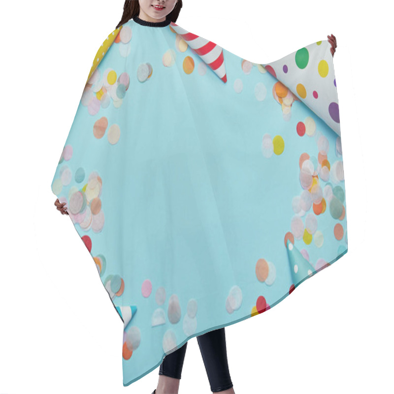 Personality  Top view of party hats and confetti on blue background hair cutting cape
