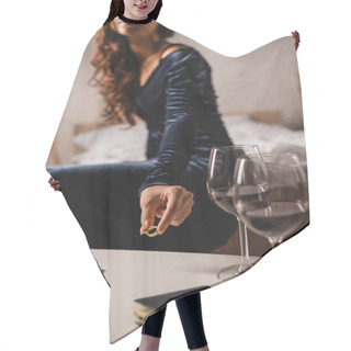 Personality  Cropped View Of Young Woman Putting Wedding Ring On Coffee Table Near Glasses Of Wine, Smartphone And Wallet In Bedroom  Hair Cutting Cape