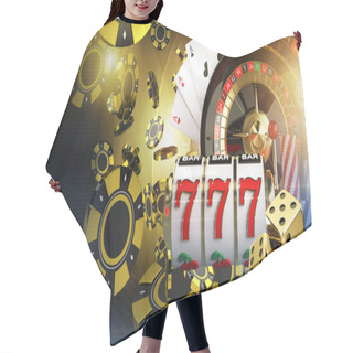 Personality  Vegas Casino Games Conceptual Illustration With Roulette, Cards, Dices Slot Machine Reel And Tokens. 3D Rendered Graphic. Hair Cutting Cape