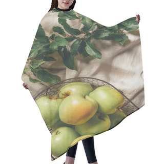Personality  Green Apples In Metal Basket With Apple Tree Leaves On Sacking Cloth Hair Cutting Cape