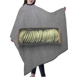 Personality  Top View Of Green Raw Ravioli In Cardboard Box On Grey Textured Surface Hair Cutting Cape