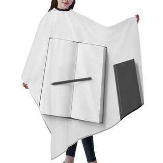 Personality  Top View Of Black Notebooks With Pencil On White Surface For Mockup Hair Cutting Cape