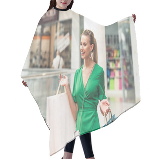 Personality  Beautiful Smiling Blonde Girl Holding Paper Bags And Looking Away In Shopping Mall Hair Cutting Cape