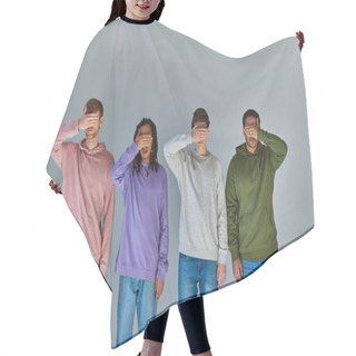 Personality  Four Multiracial Friends In Casual Street Wear Covering Eyes With Palms On Grey Backdrop, Diversity Hair Cutting Cape