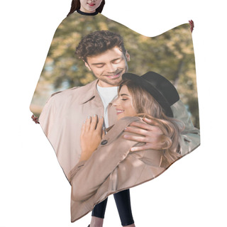 Personality  Man In Trench Coat Hugging Woman In Hat Outside Hair Cutting Cape