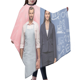 Personality  Smiling Man In Apron And Businesswoman Holding Hands On Blue And Pink Hair Cutting Cape