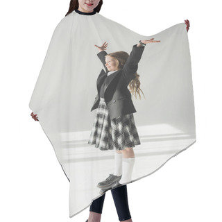 Personality  Schoolgirl In Uniform, Cheerful Preteen Girl Standing With Raised Hands On Grey Background, Formal Attire, Fashionable Kid, Joyful, Excitement, Celebration Of Learning, Back To School Concept  Hair Cutting Cape