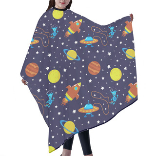 Personality  Seamless  Pattern Of Space Rocket, Flying Saucer, Alien And Planets. Starry Sky. Vector. Galaxy Hair Cutting Cape