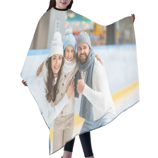 Personality  Smiling Parents And Daughter In Sweaters Looking At Camera On Skating Rink Hair Cutting Cape