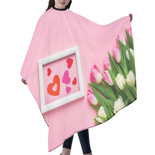 Personality  Top View Of Paper Hearts In Frame Near Bouquet Of Tulips On Pink Background Hair Cutting Cape