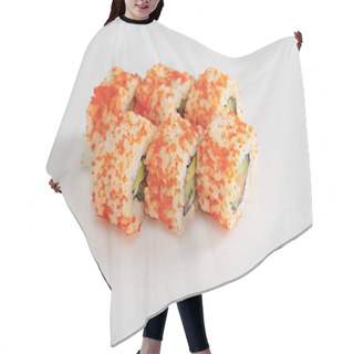 Personality  Delicious California Roll With Avocado, Salmon And Masago Caviar On White Surface Hair Cutting Cape