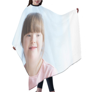 Personality  Portrait Of Cute Kid With Down Syndrome Hair Cutting Cape