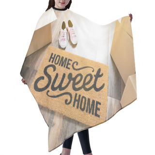 Personality  Home Sweet Home Welcome Mat, Moving Boxes, Pink Shoes And Plant On Hard Wood Floors. Hair Cutting Cape