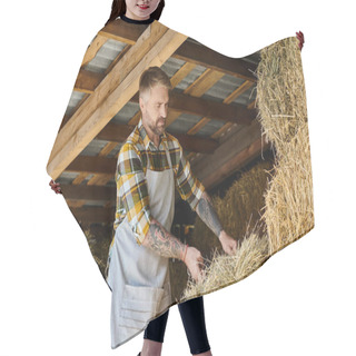 Personality  Attractive Dedicated Man With Beard And Tattoos Working With Bales Of Hay While On His Farm Hair Cutting Cape