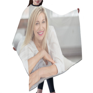 Personality  Happy Adult Woman On Couch Hair Cutting Cape