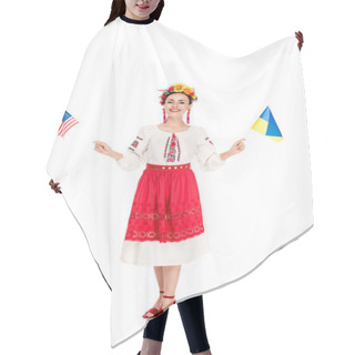 Personality  Happy Brunette Young Woman In National Ukrainian Costume Holding American And Ukrainian Flags Isolated On White Hair Cutting Cape