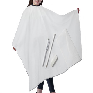 Personality  Top View Of Envelope With Pen And Pencil On White Surface For Mockup Hair Cutting Cape