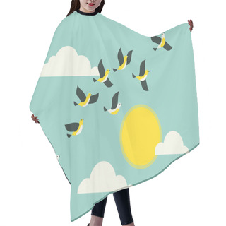 Personality  Birds Flying In The Blue Sky With Clouds And Sun. Hair Cutting Cape