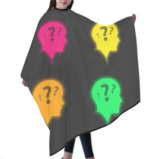 Personality  Bald Head Side View With Three Question Marks Four Color Glowing Neon Vector Icon Hair Cutting Cape