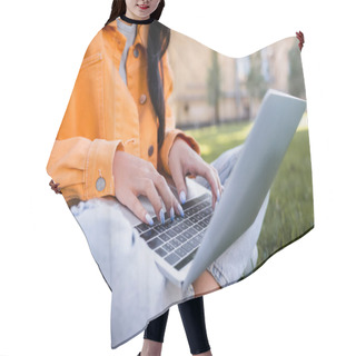 Personality  Partial View Of Student In Orange Jacket Sitting In Park And Typing On Laptop Hair Cutting Cape