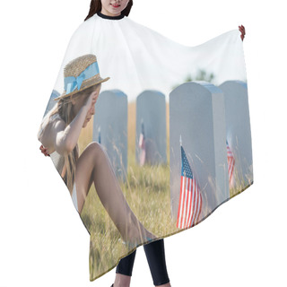 Personality  Kid In Straw Hat Touching Face While Sitting Near Headstones With American Flags  Hair Cutting Cape