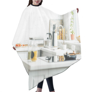 Personality  Interior Of Empty Modern White Kitchen With Various Objects On Table Hair Cutting Cape