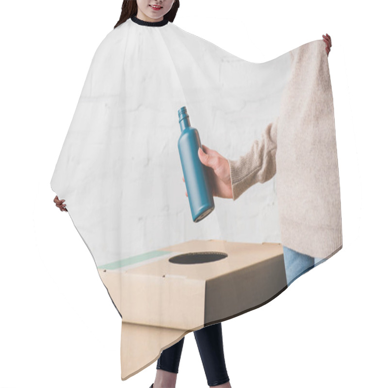 Personality  Cropped View Of Woman Throwing Plastic Bottle In Trash Bin Hair Cutting Cape