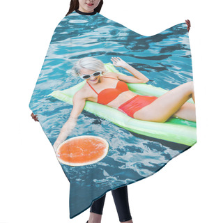 Personality  Smiling Girl In Swimsuit Relaxing On Green Inflatable Mattress In Swimming Pool With Watermelon Hair Cutting Cape