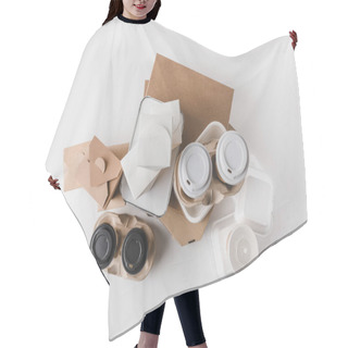 Personality  Top View Of Pizza Boxes And Disposable Coffee Cups With Noodles Boxes On White Hair Cutting Cape
