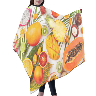 Personality  Still Life With Fresh Assorted Exotic Fruits On A Palm Leaf.  Hair Cutting Cape
