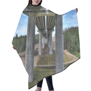Personality  Unfinished Steel Road Bridge On Concrete Pillars, Crosses Bed Stream. Hair Cutting Cape
