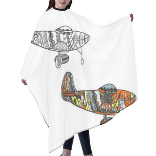 Personality  Airplane With Ethnic Doodle Pattern. Zentangle Inspired Pattern For Anti Stress Coloring Book Pages For Adults And Kids. Black On White And Colored In One Hair Cutting Cape