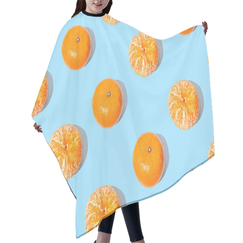 Personality  Fruit Pattern  Mandarins Isolated On Blue Or Mint Background, Top View.  Hair Cutting Cape