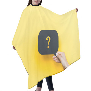 Personality  Cropped View Of Woman Holding Black Speech Bubble With Question Mark On Orange  Hair Cutting Cape