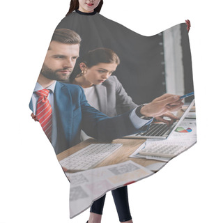 Personality  Selective Focus Of Data Analyst Working With Charts Near Colleague With Laptop At Table  Hair Cutting Cape